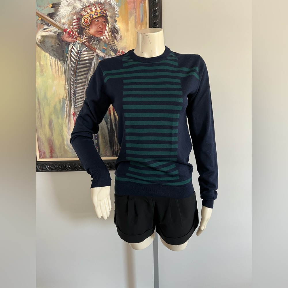 Valentino Navy Crewneck Sweater with Teal Stripes – No Size Tag (Fits XS–S) - Picture 6 of 12
